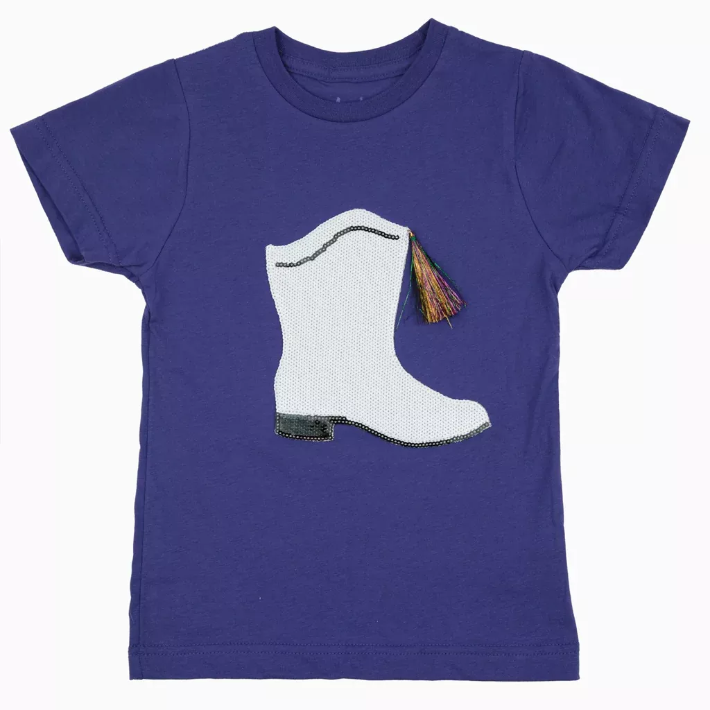 Azarhia Mardi Gras S/S Purple Sequin Boot Tassel Shirt