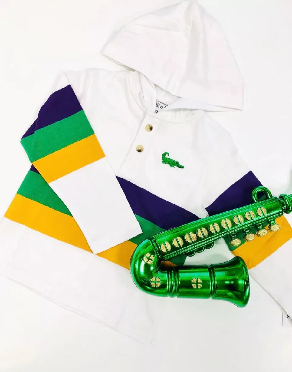 Mardi Gras White Half Button Rugby Hoodie