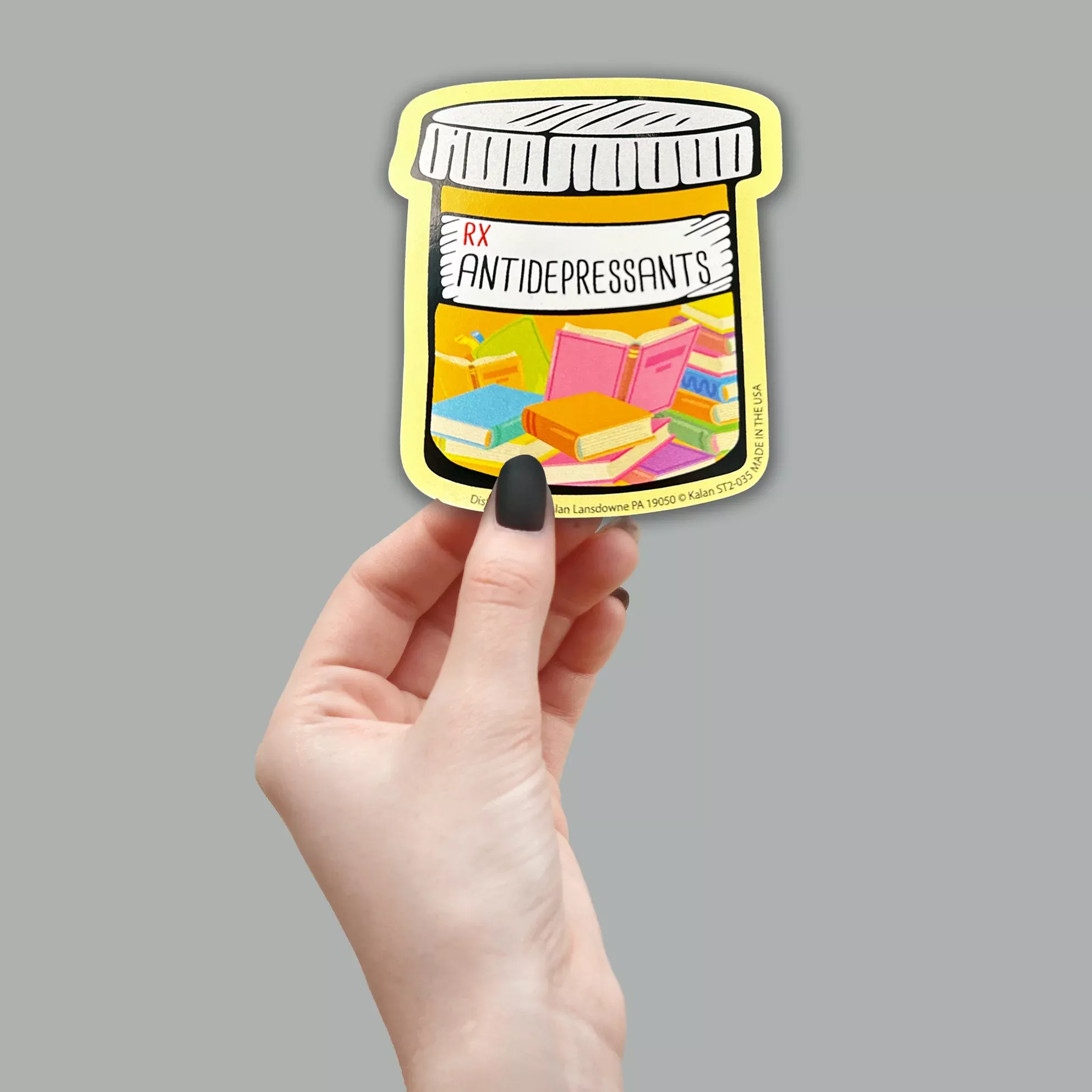 "Rx ANTIDEPRESSANTS of books" Funny Sticker Die-Cut Car Decal - Made in USA
